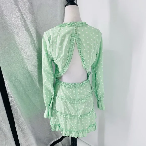 Green Polka Dot Long Sleeve V-Neck Open Back Backless Mini Dress - Picture 10 of 11